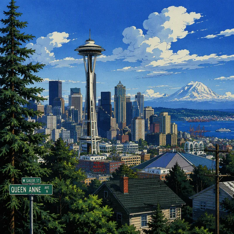 Space Needle -näkötorni kaupungin yllä Space Needle -näkötorni kaupungin yllä