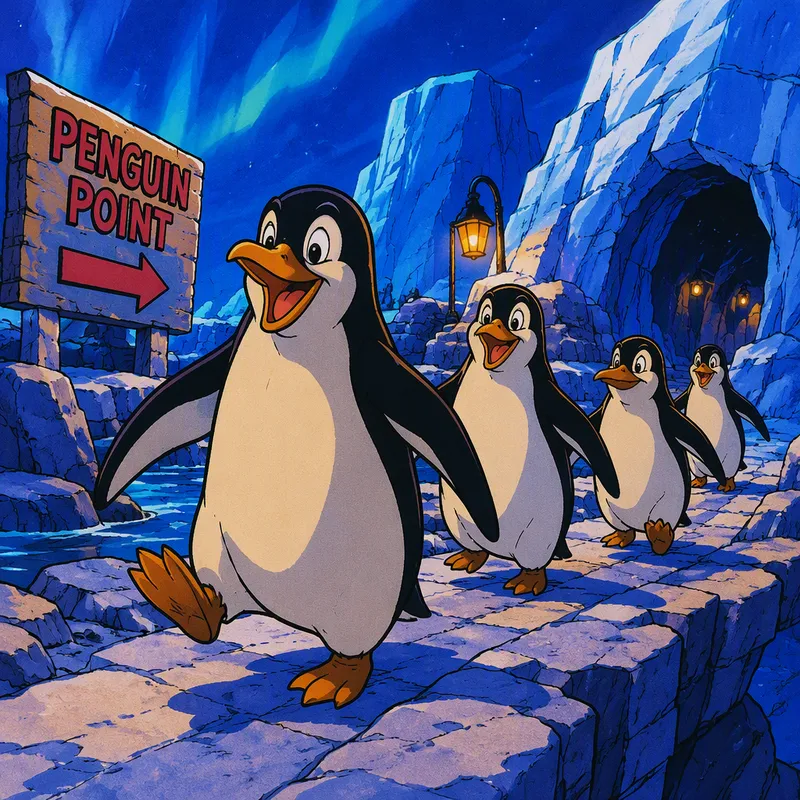 Pingviinejä viihtymässä viileässä elinympäristössään Pingviinejä viihtymässä viileässä elinympäristössään
