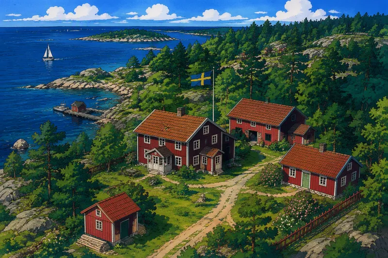 Perinteisiä puisia rakennuksia vehreässä metsämaisemassa Perinteisiä puisia rakennuksia vehreässä metsämaisemassa