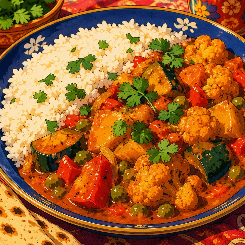 Värikäs kasviscurry riisin ja tuoreiden yrttien kera Värikäs kasviscurry riisin ja tuoreiden yrttien kera