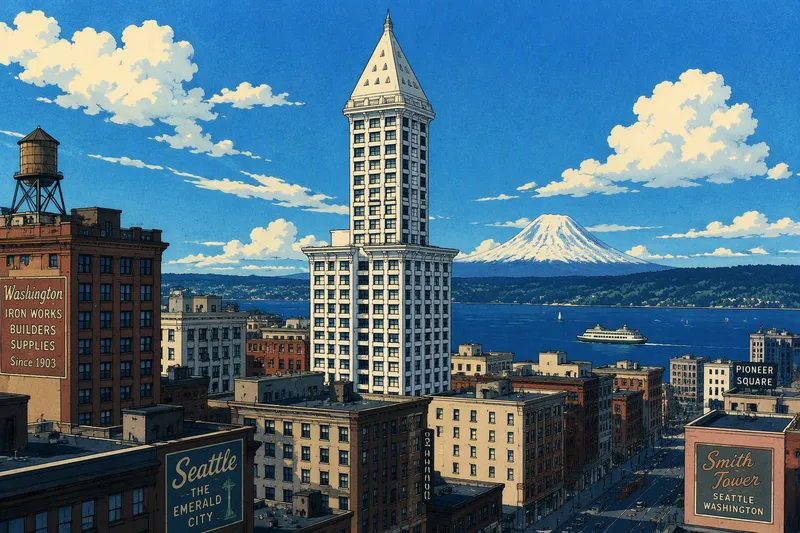 Smith Towerin historiallinen valkoinen torni Seattlen yllä Smith Towerin historiallinen valkoinen torni Seattlen yllä
