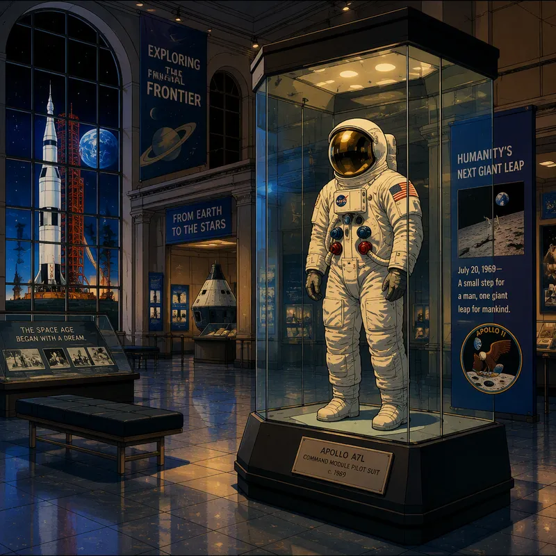 Astronautin avaruuspuku vitriinissä museon tiloissa Astronautin avaruuspuku vitriinissä museon tiloissa