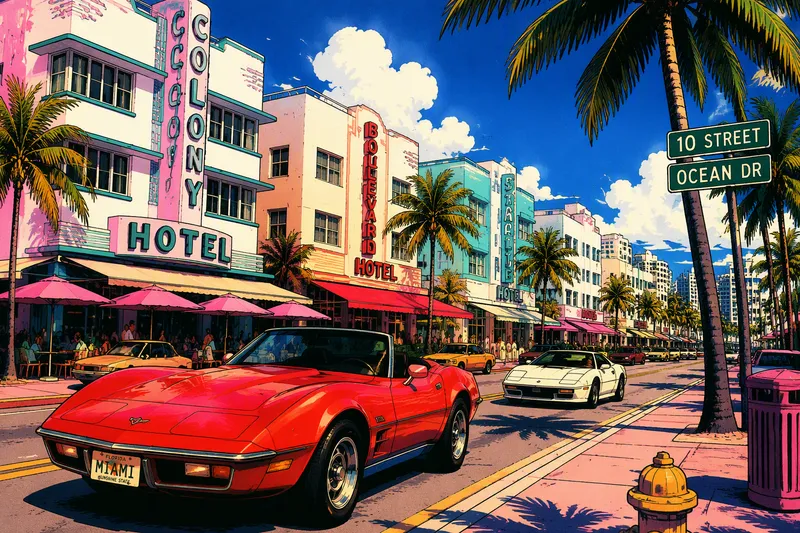 South Beachin värikkäitä Art Deco -rakennuksia ja palmuja South Beachin värikkäitä Art Deco -rakennuksia ja palmuja