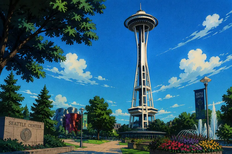 Space Needle Seattlessa sinistä taivasta vasten Space Needle Seattlessa sinistä taivasta vasten