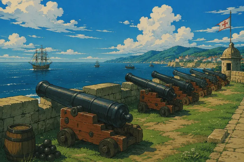 Historiallisia kanuunoita meren rannalla olevalla vallilla Historiallisia kanuunoita meren rannalla olevalla vallilla