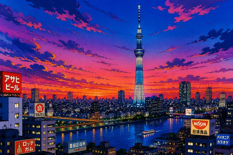 Tokion kaupunkinäkymä ja valaistu Tokyo Skytree hämärässä Tokion kaupunkinäkymä ja valaistu Tokyo Skytree hämärässä