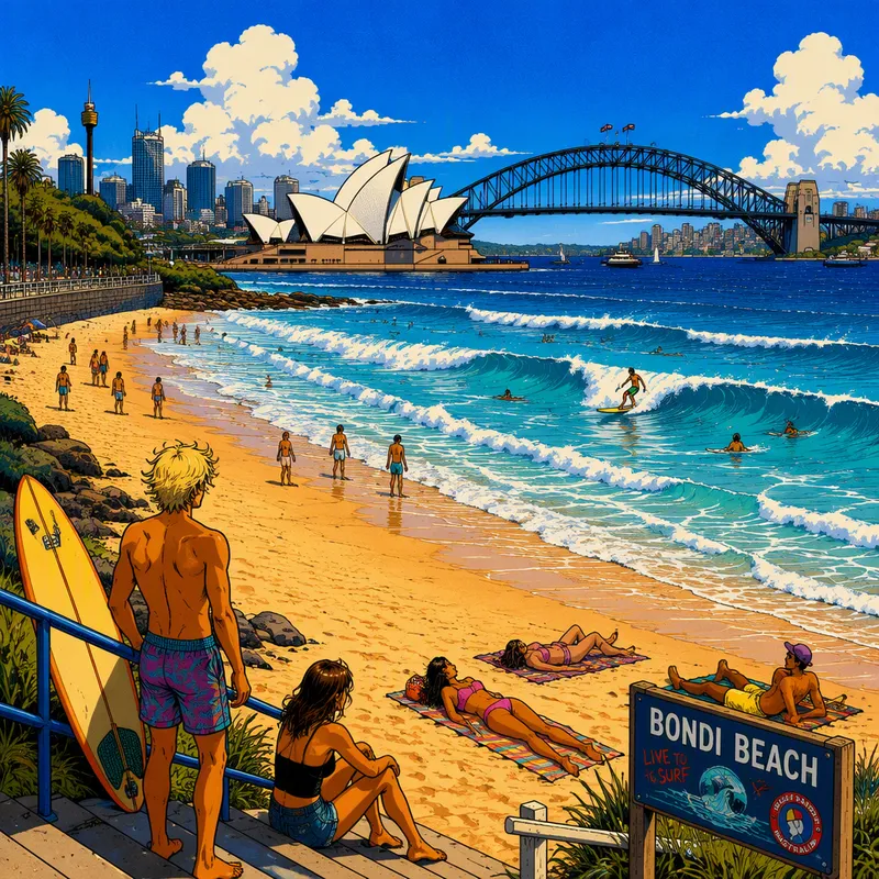 Bondi Beachin hiekkaranta ja surffaajia meressä Bondi Beachin hiekkaranta ja surffaajia meressä