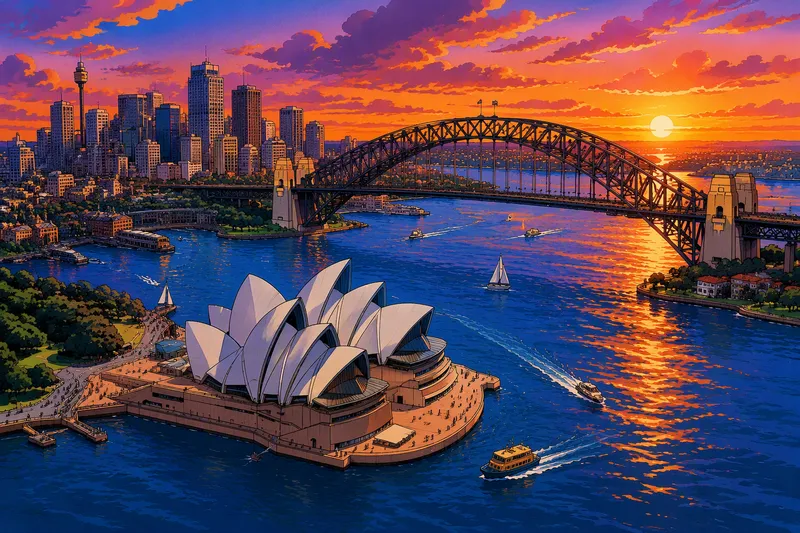 Sydneyn oopperatalo ja satamasilta auringonlaskun aikaan Sydneyn oopperatalo ja satamasilta auringonlaskun aikaan