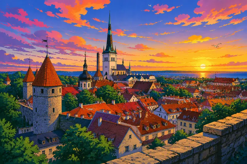 Tallinnan vanhakaupunki ja kirkon tornit auringonlaskussa