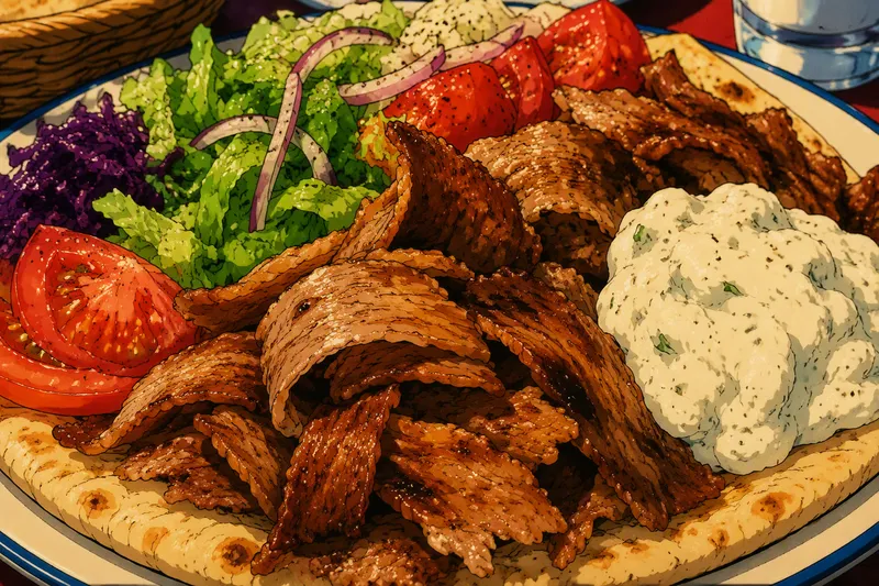 Herkullinen kebab-annos tuoreilla vihanneksilla ja kastikkeella Herkullinen kebab-annos tuoreilla vihanneksilla ja kastikkeella