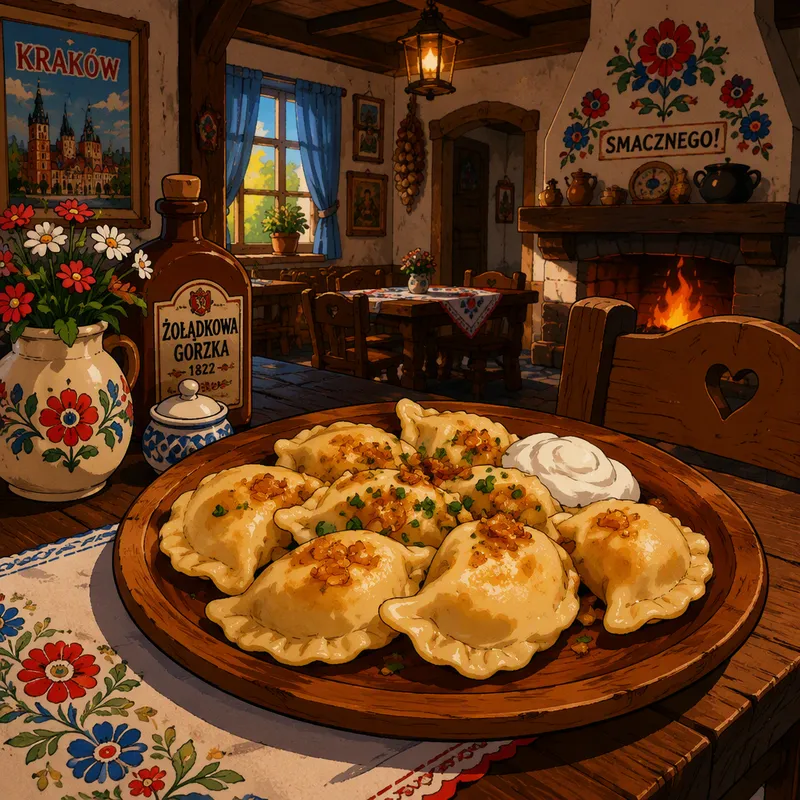Perinteisiä puolalaisia pierogeja tarjoiltuna lautasella Perinteisiä puolalaisia pierogeja tarjoiltuna lautasella