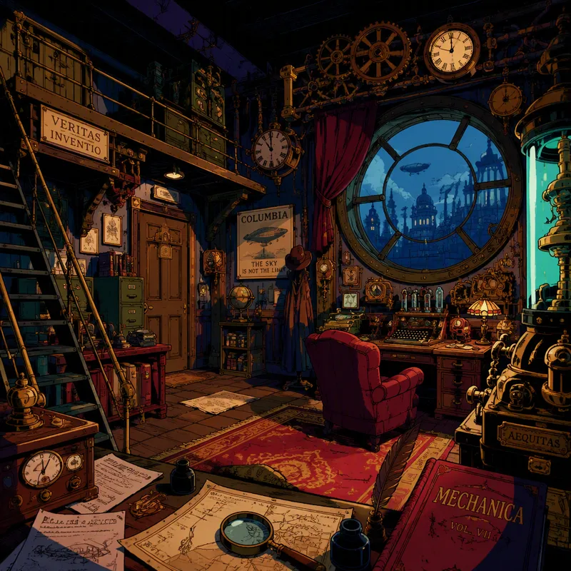 Steampunk-henkinen huonesisustus rattaineen ja retroteknologioineen Steampunk-henkinen huonesisustus rattaineen ja retroteknologioineen