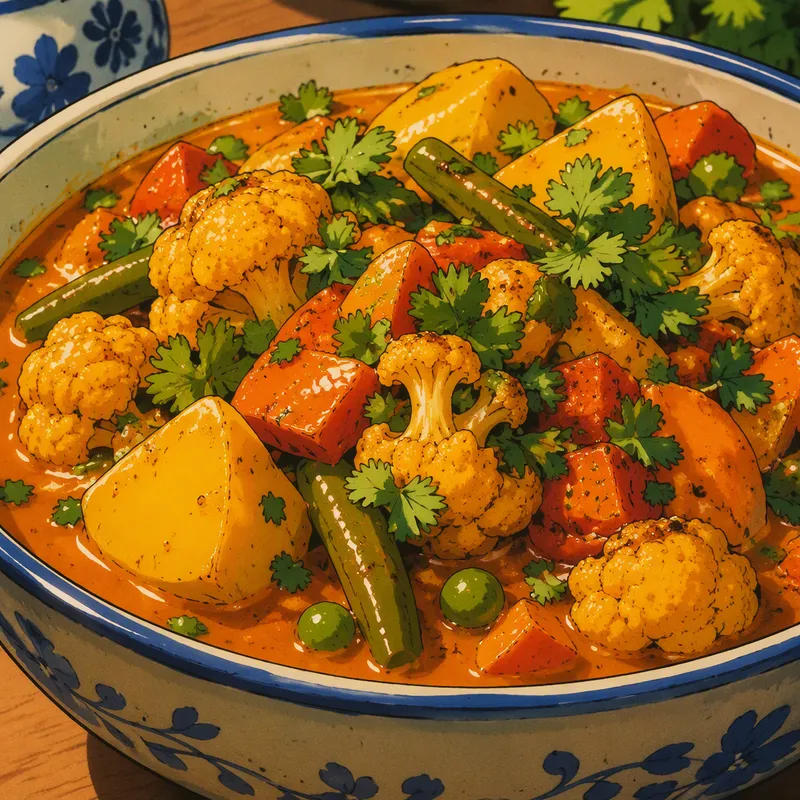 Tuoreista raaka-aineista valmistettu kasviscurry