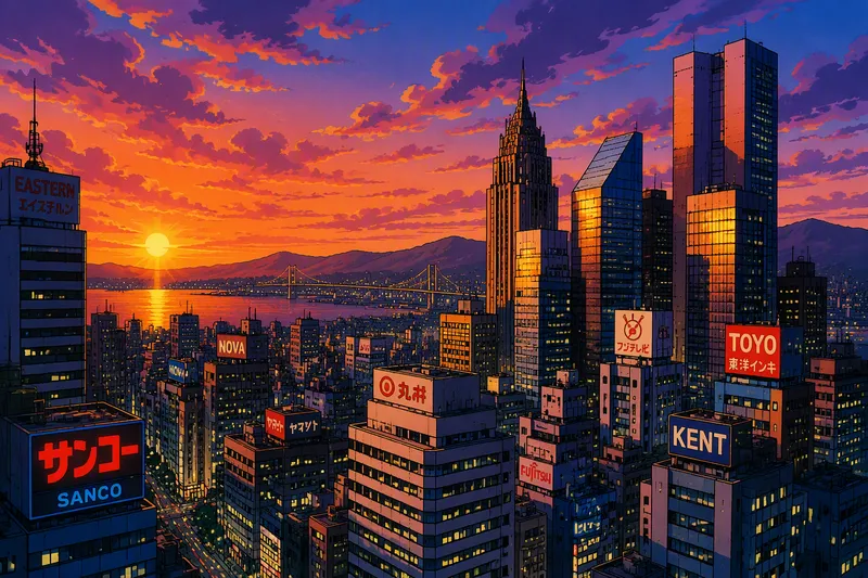Panoraamanäkymä kaupungin ylle auringonlaskun aikaan Panoraamanäkymä kaupungin ylle auringonlaskun aikaan