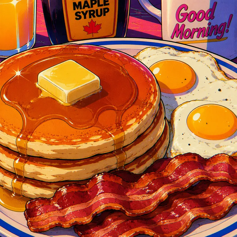 Runsas amerikkalainen aamiaisannos pannukakkuineen ja pekoneineen