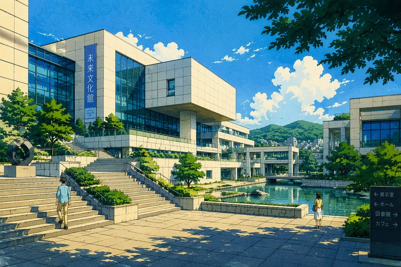 Skirball Cultural Centerin moderni arkkitehtuuri aurinkoisena päivänä