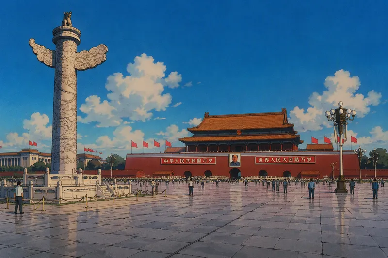 Laaja näkymä Tiananmenin aukiolle ja Taivaan rauhan portille