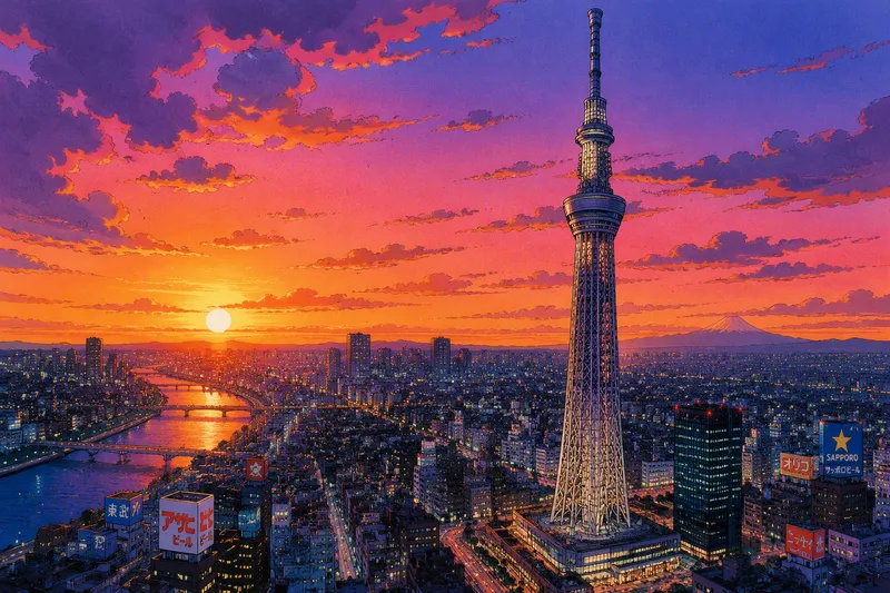 Tokion Skytree-torni iltahämärässä kaupungin yllä
