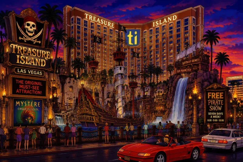 Treasure Island hotelli Las Vegas Stripillä iltavalaistuksessa