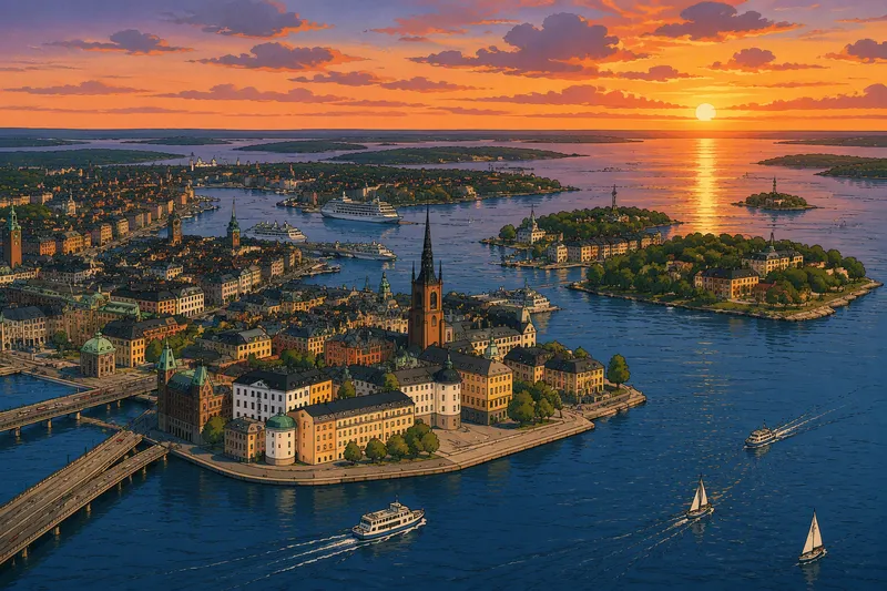 Ilmakuva Tukholman saaristosta auringonlaskun aikaan Ilmakuva Tukholman saaristosta auringonlaskun aikaan