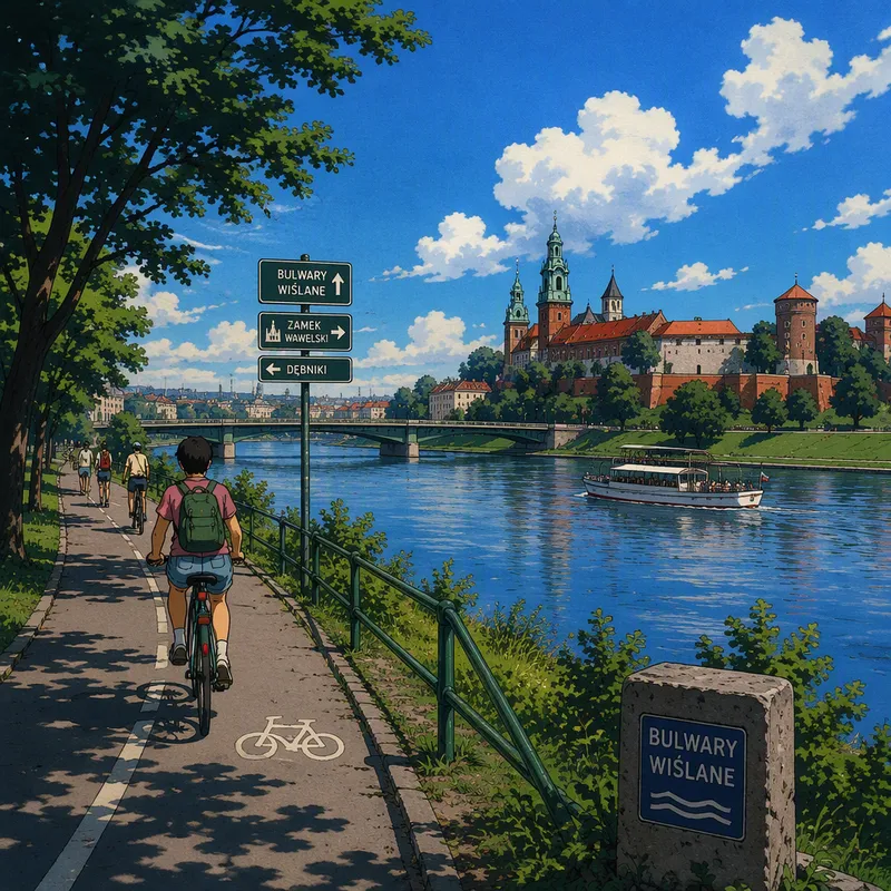 Vistula-joen rantamaisema pyöräilyreitteineen
