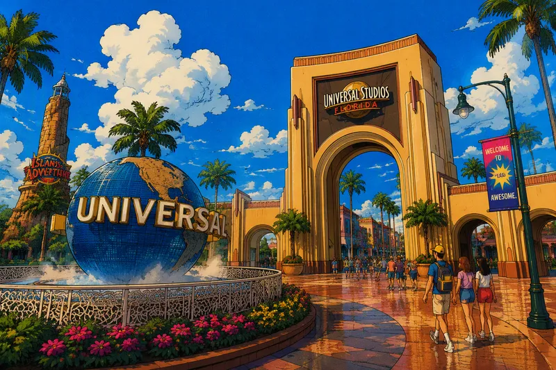 Universal Studios Orlandon näyttävä sisäänkäynti aurinkoisena päivänä Universal Studios Orlandon näyttävä sisäänkäynti aurinkoisena päivänä