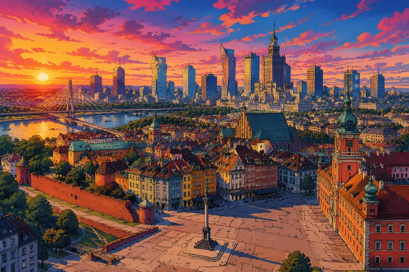 Varsovan kaupunkinäkymä ja horisontti auringonlaskun aikaan Varsovan kaupunkinäkymä ja horisontti auringonlaskun aikaan
