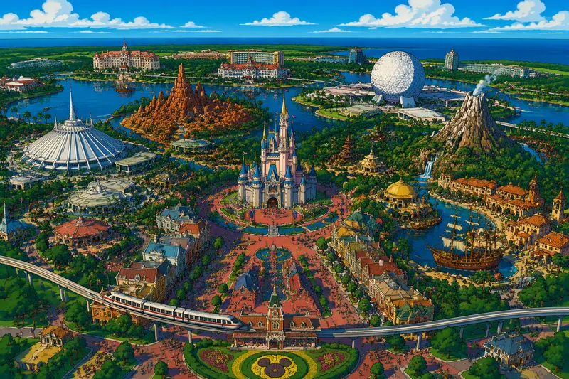 Walt Disney Worldin laaja huvipuistoalue ylhäältä päin Walt Disney Worldin laaja huvipuistoalue ylhäältä päin