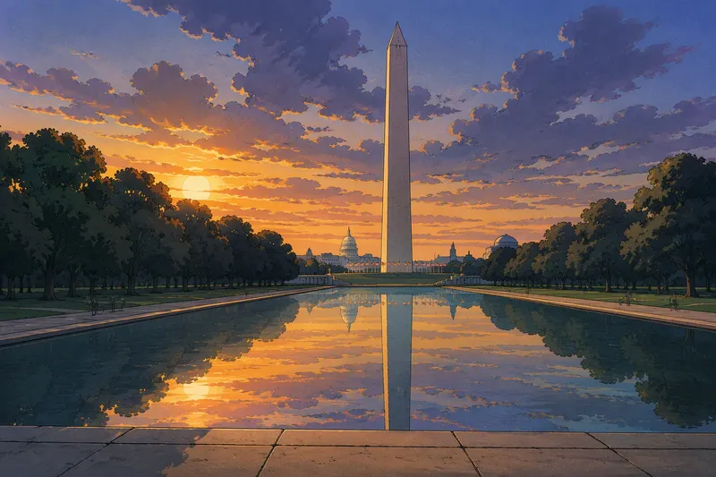 Washingtonin monumentti heijastuu tyynessä vedessä auringonnousun aikaan