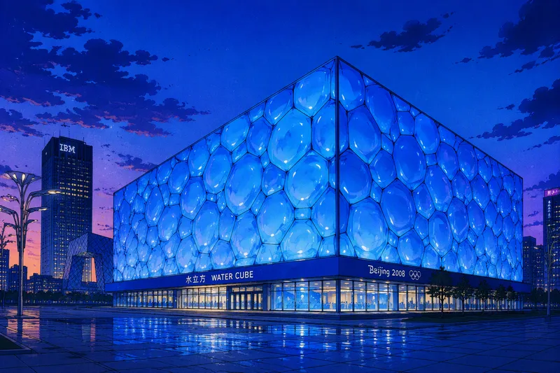 Pekingin Water Cube iltavalaistuksessa Pekingin Water Cube iltavalaistuksessa