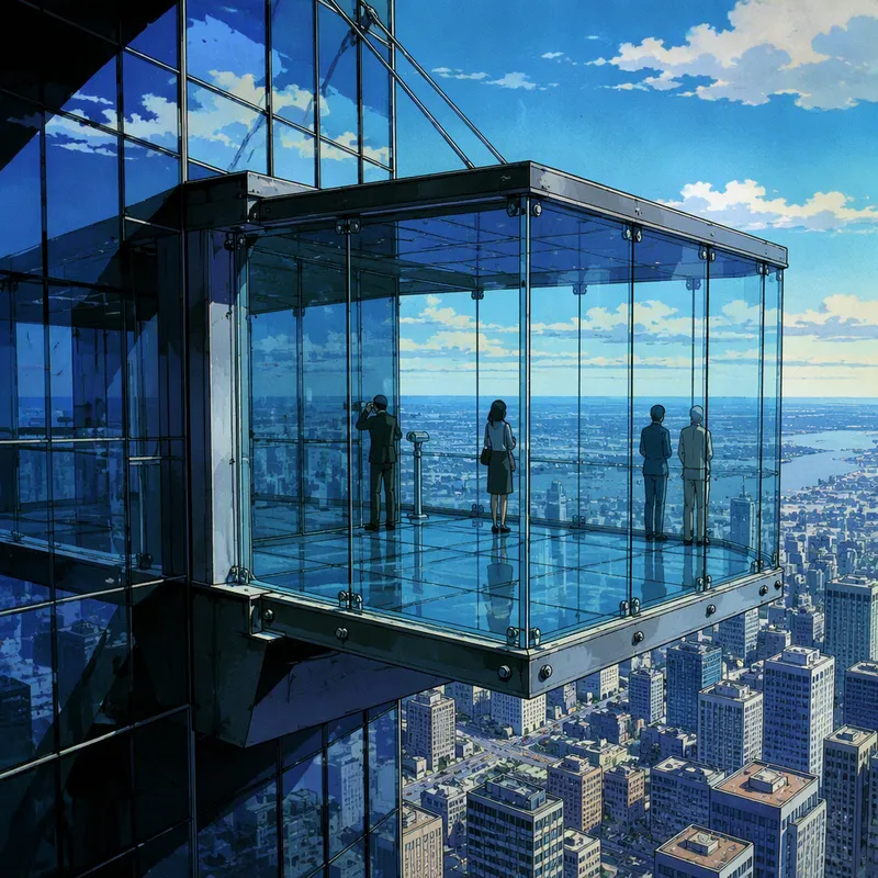 Lasinen Skydeck-näköalatasanne ja näkymä kaupungin ylle