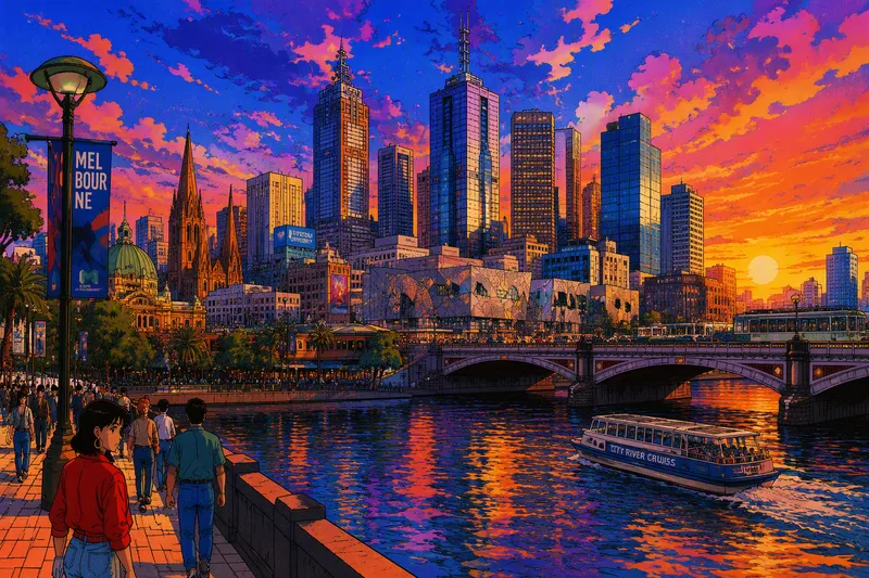 Melbournen kaupungin horisontti ja Yarra-joki auringonlaskun aikaan Melbournen kaupungin horisontti ja Yarra-joki auringonlaskun aikaan