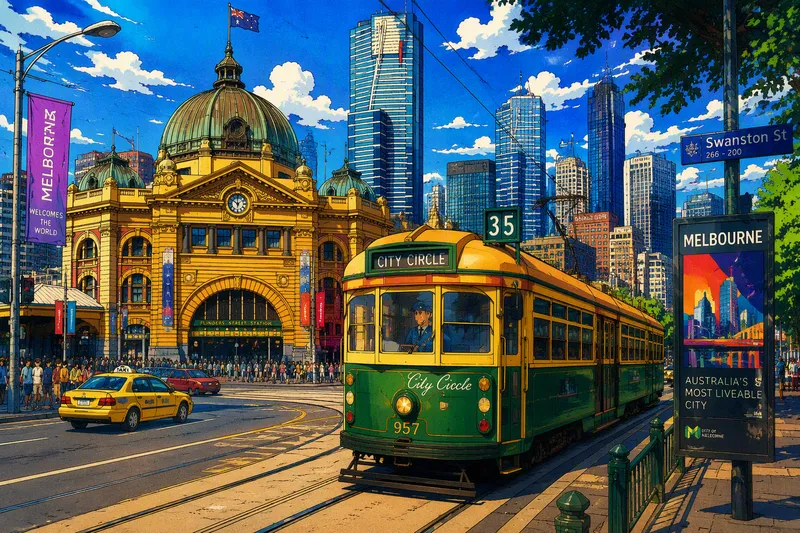 Melbournen kaupunkimaisema raitiovaunulla ja pilvenpiirtäjillä